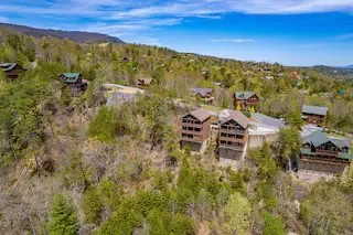 Aerial view of the cabin.  Quiet neighborohood with well paved road all the way to the door