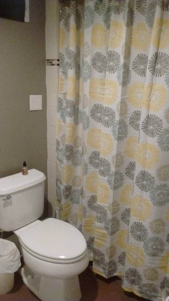 Look at that nice shower curtain! And that spray bottle on the toilet is Poo-Pourri. Spray before you go!