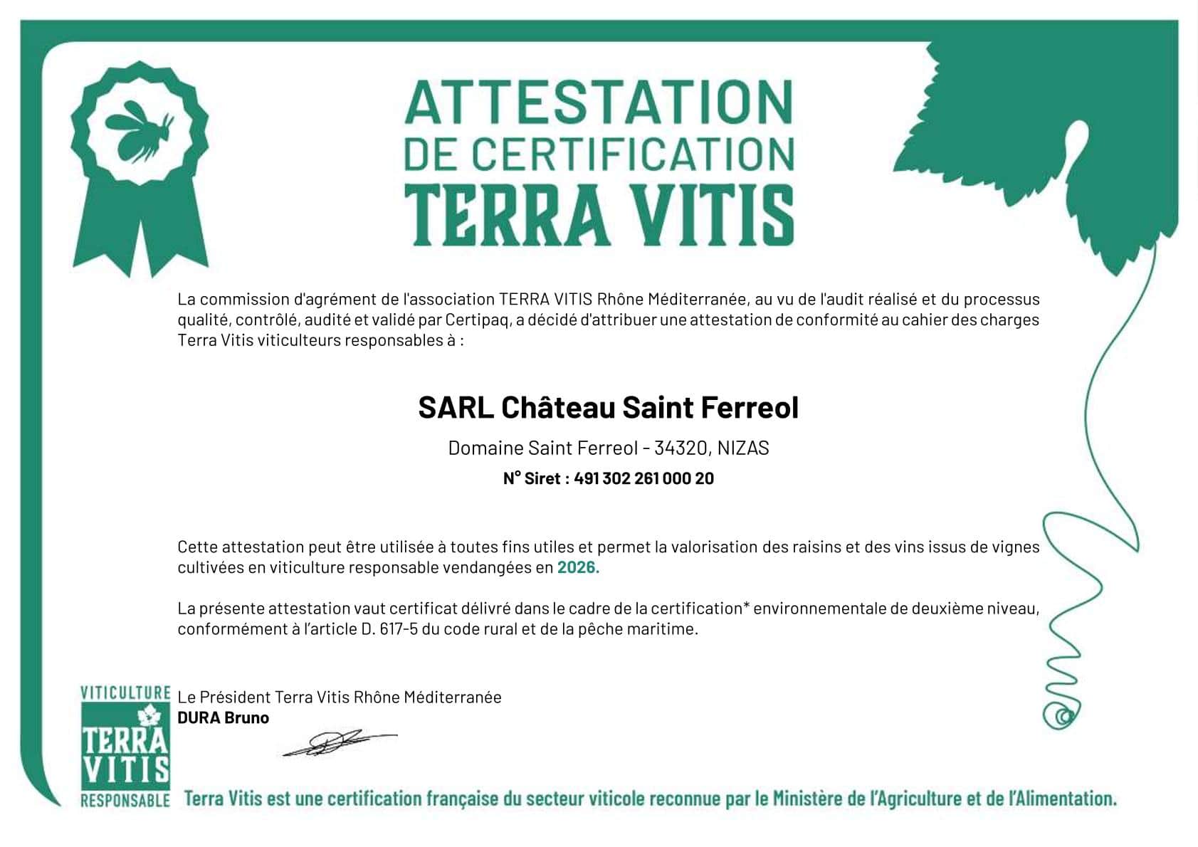 ATTESTATION DE CERTIFICATION 2026 ATTESTATION DE CERTIFICATION 2026