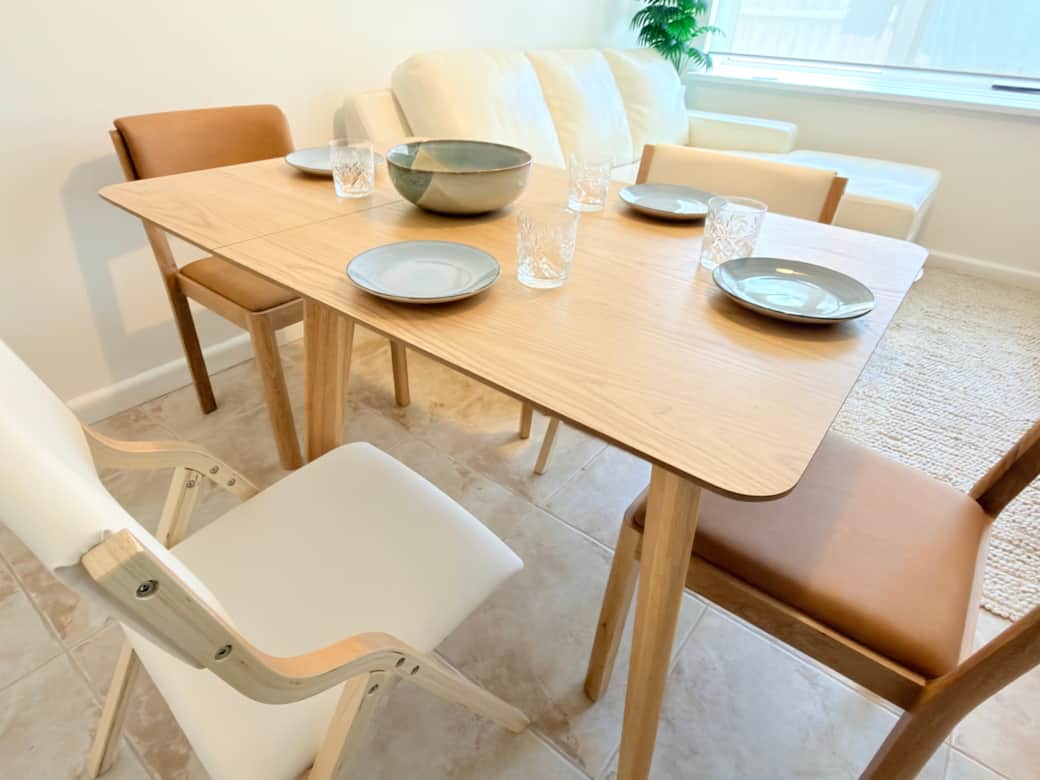 Dining Table can be extended out and folding chairs added to seat 4 people Dining Table can be extended out and folding chairs added to seat 4 people