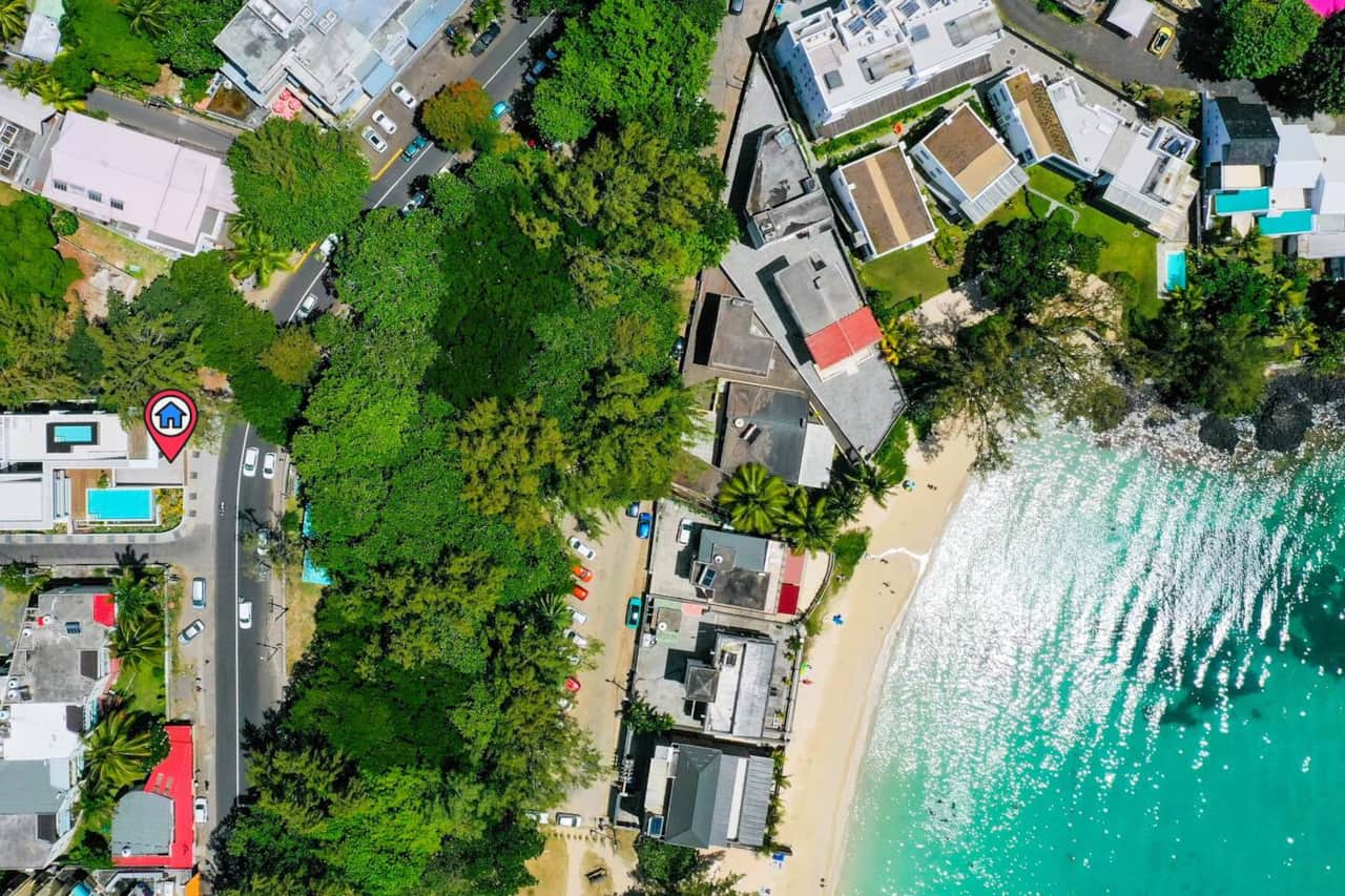 Beautiful aerial view highlighting Pereybère Beach and the apartment’s perfect setting