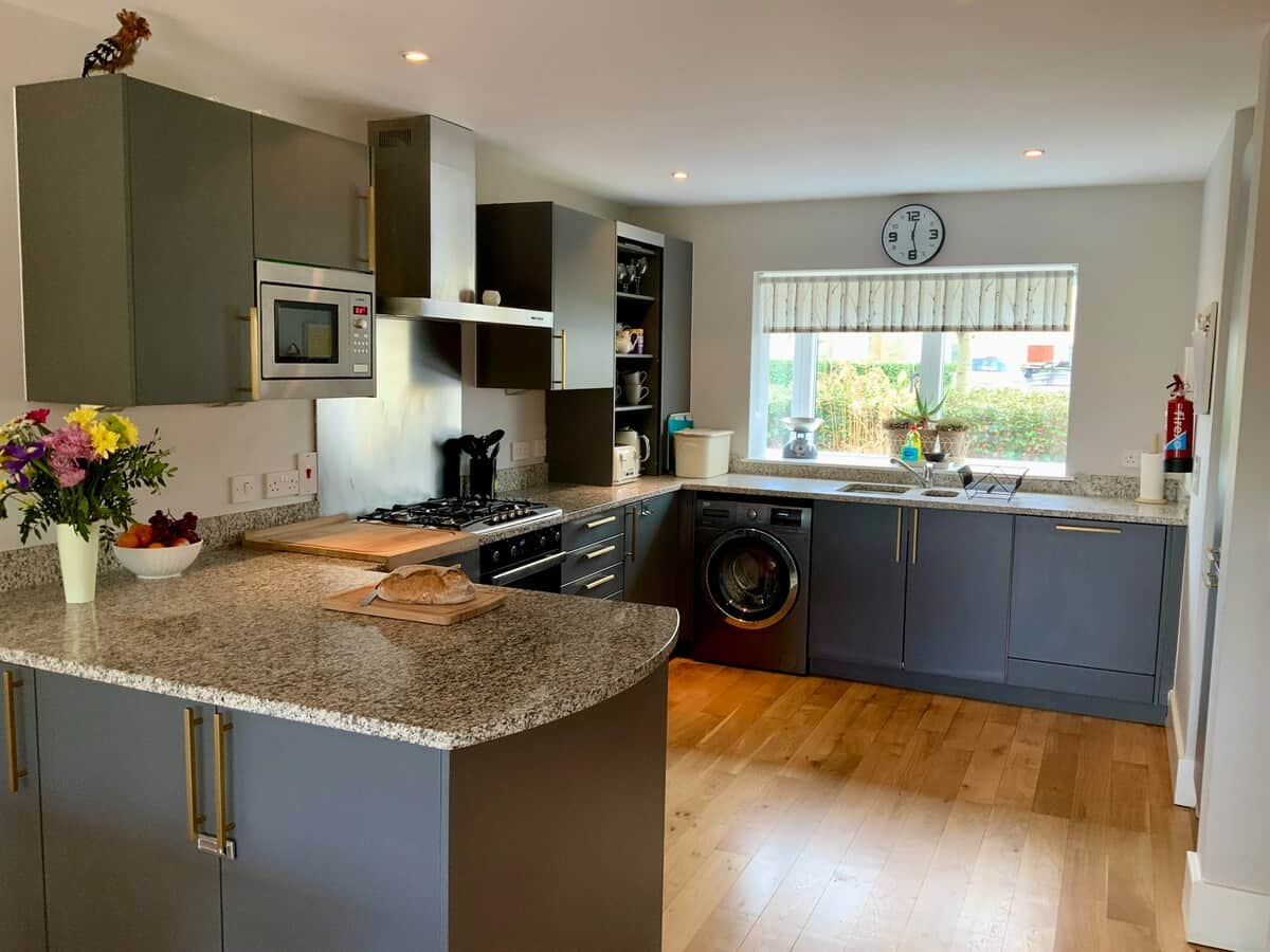 The well stocked kitchen has all you need to dine in