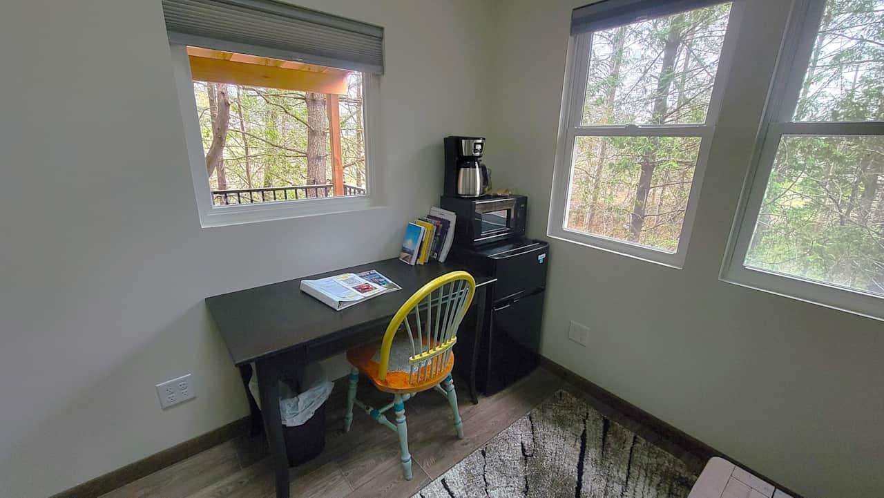 Cabin #1 desk, fridge, microwave and coffee pot