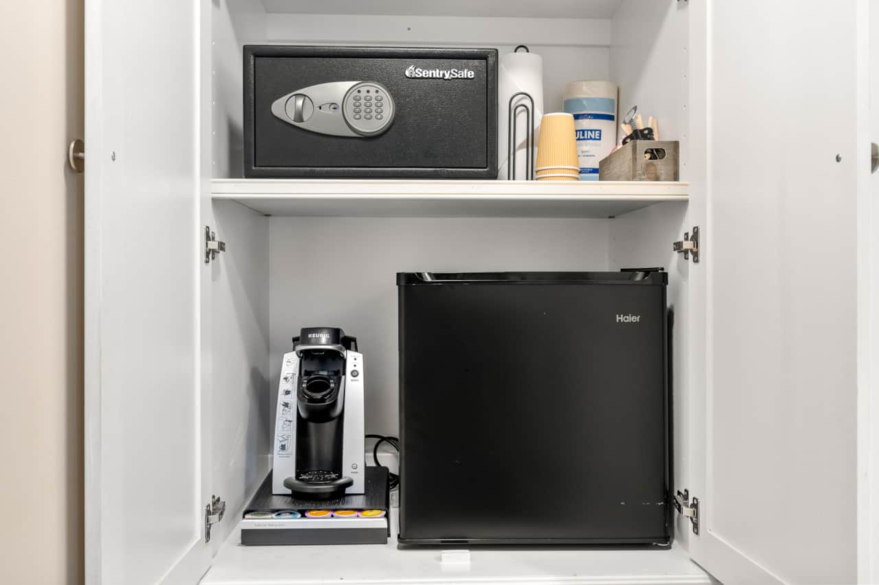 Built-ins with provided coffee and mini fridge!