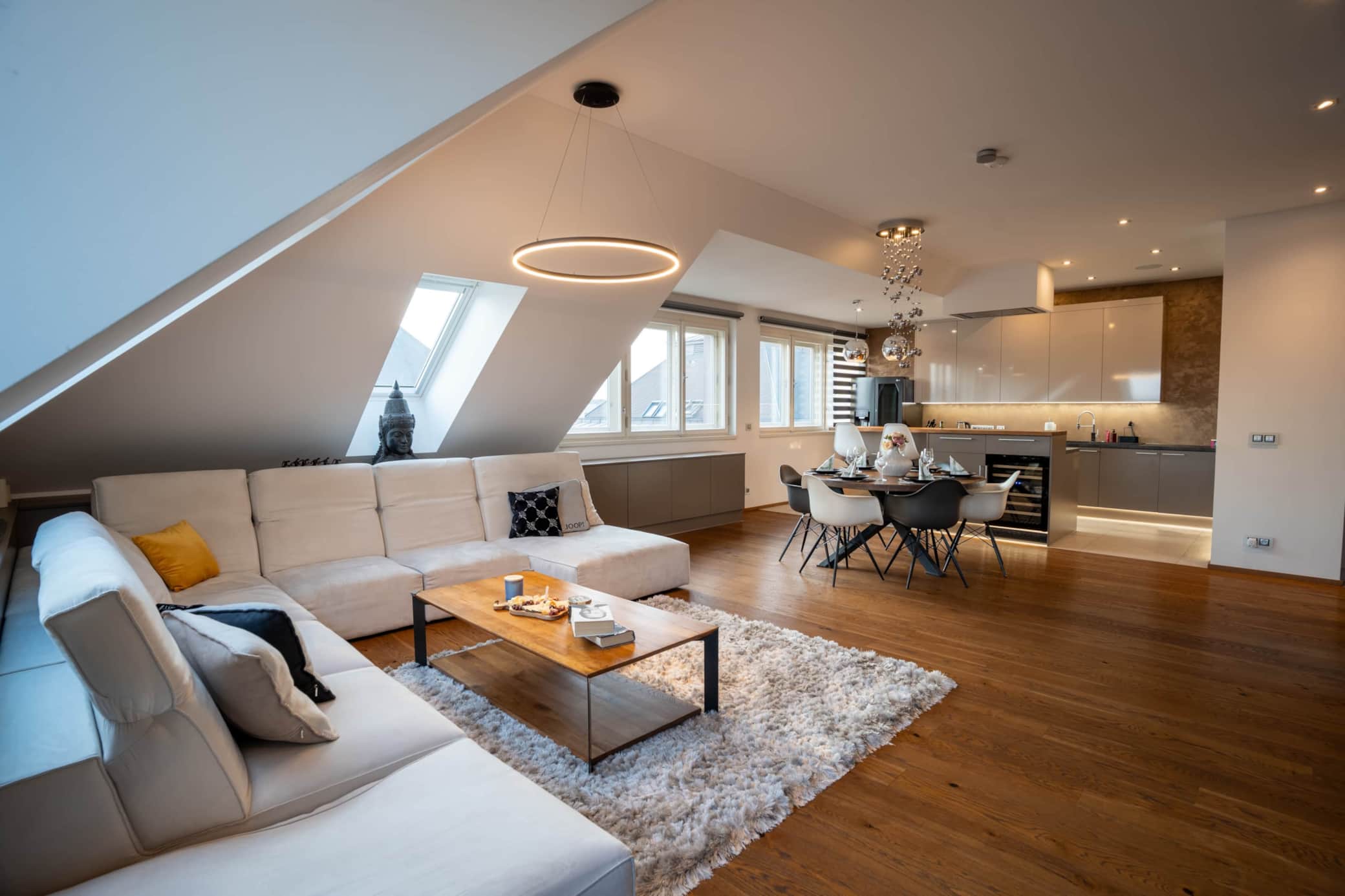 Designer living room with fireplace