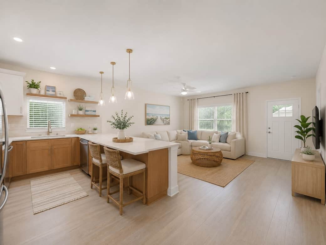Enjoy a meal in our fully-stocked kitchen and family room. Enjoy a meal in our fully-stocked kitchen and family room.
