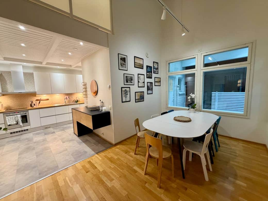 Dining and view of the kitchen.