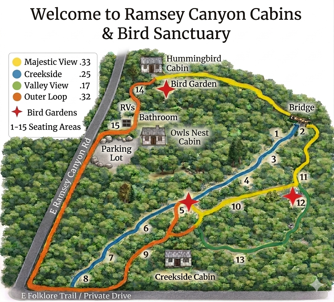Ramsey Canyon Cabins & Bird Sanctuary property map, 3 Bird Gardens,4 different trails.