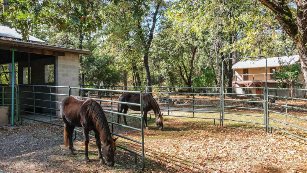 On-site guest private stable and shaded pipe corral just steps from the main house. Set up perfectly for guests traveling with horses, it provides a charming country backdrop even when the pens are empty. On-site guest private stable and shaded pipe corral just steps from the main house. Set up perfectly for guests traveling with horses, it provides a charming country backdrop even when the pens are empty.