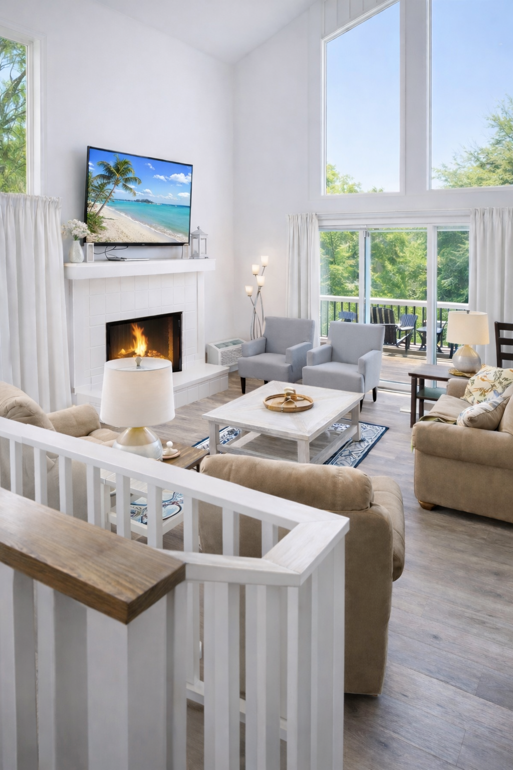 Great room and dining room combo with smart tv, fireplace, and large deck overlooking the lake