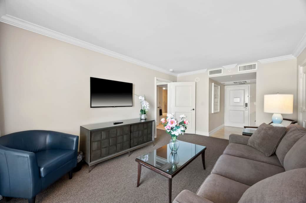 Living room with queen pullout sofa, cable television and ocean view