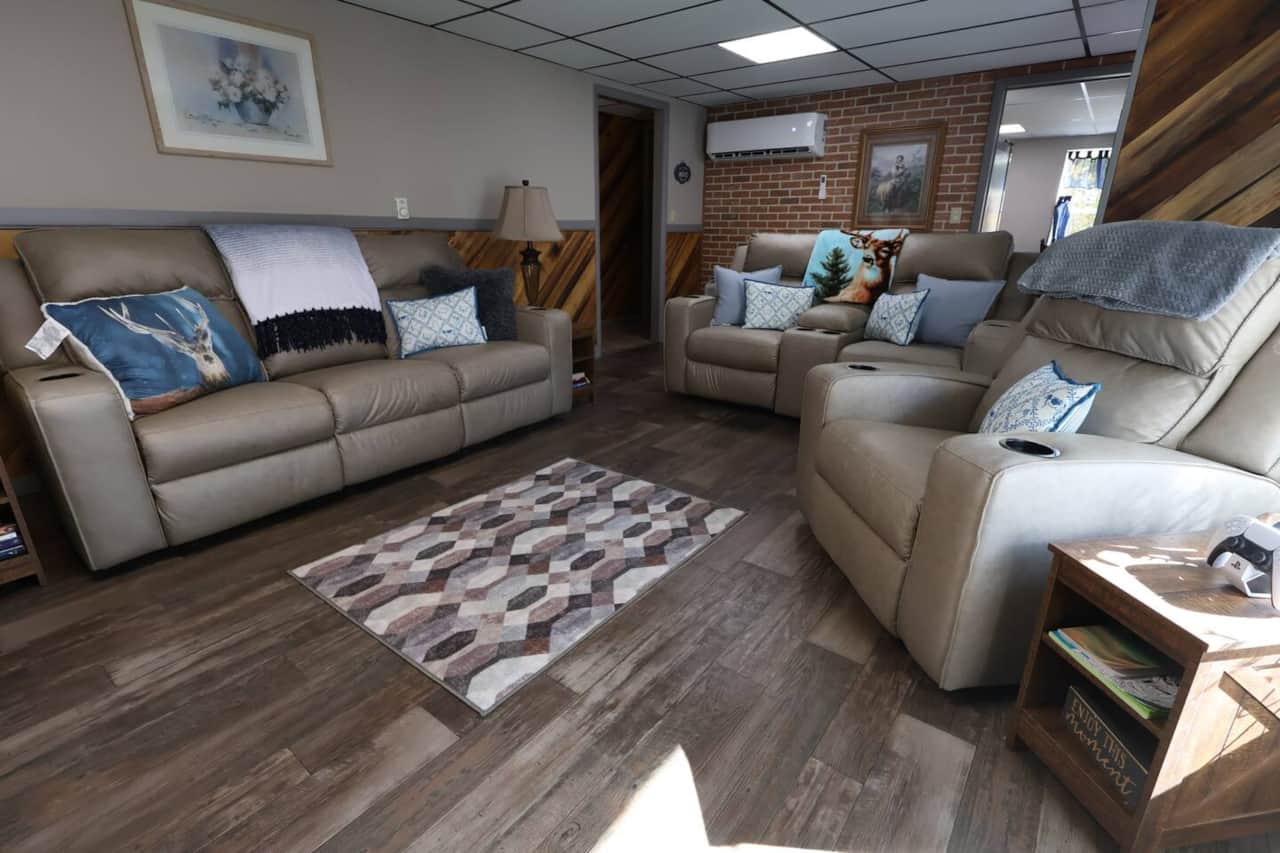 Modern living room with cozy seating and plenty of space to unwind