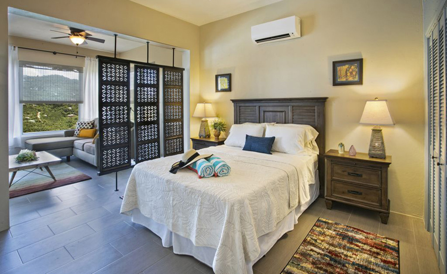 Room divider allows natural light into bedroom area and preserves privacy