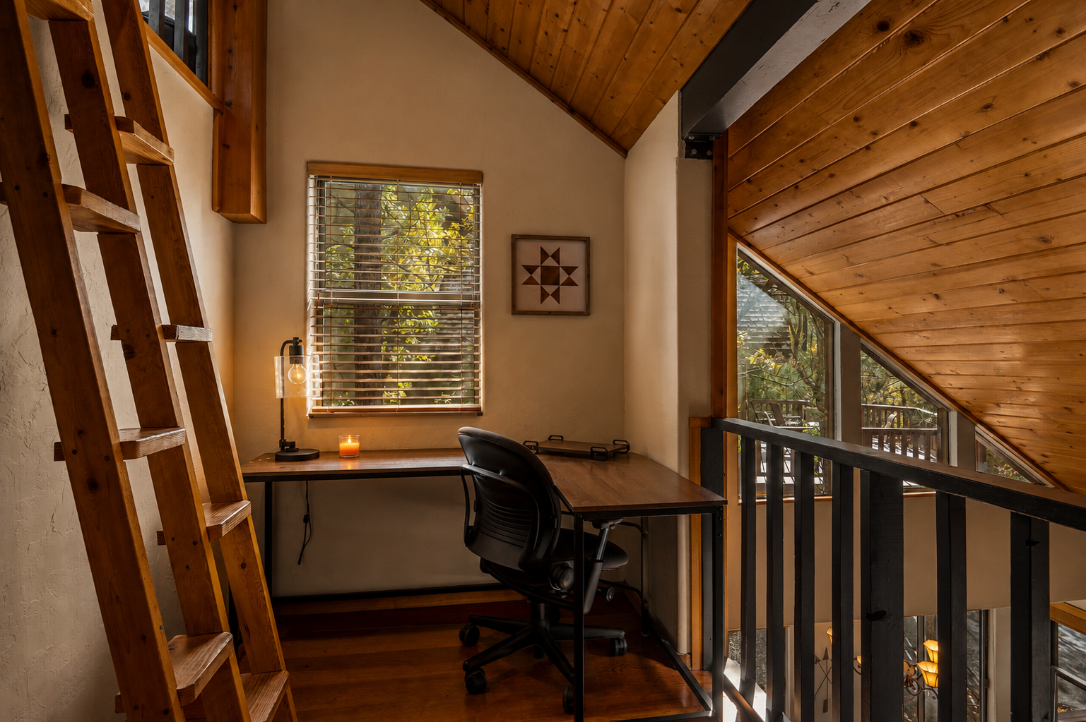 Loft workspace with forest views at Jag Cabin, a Munds Park cabin near Flagstaff