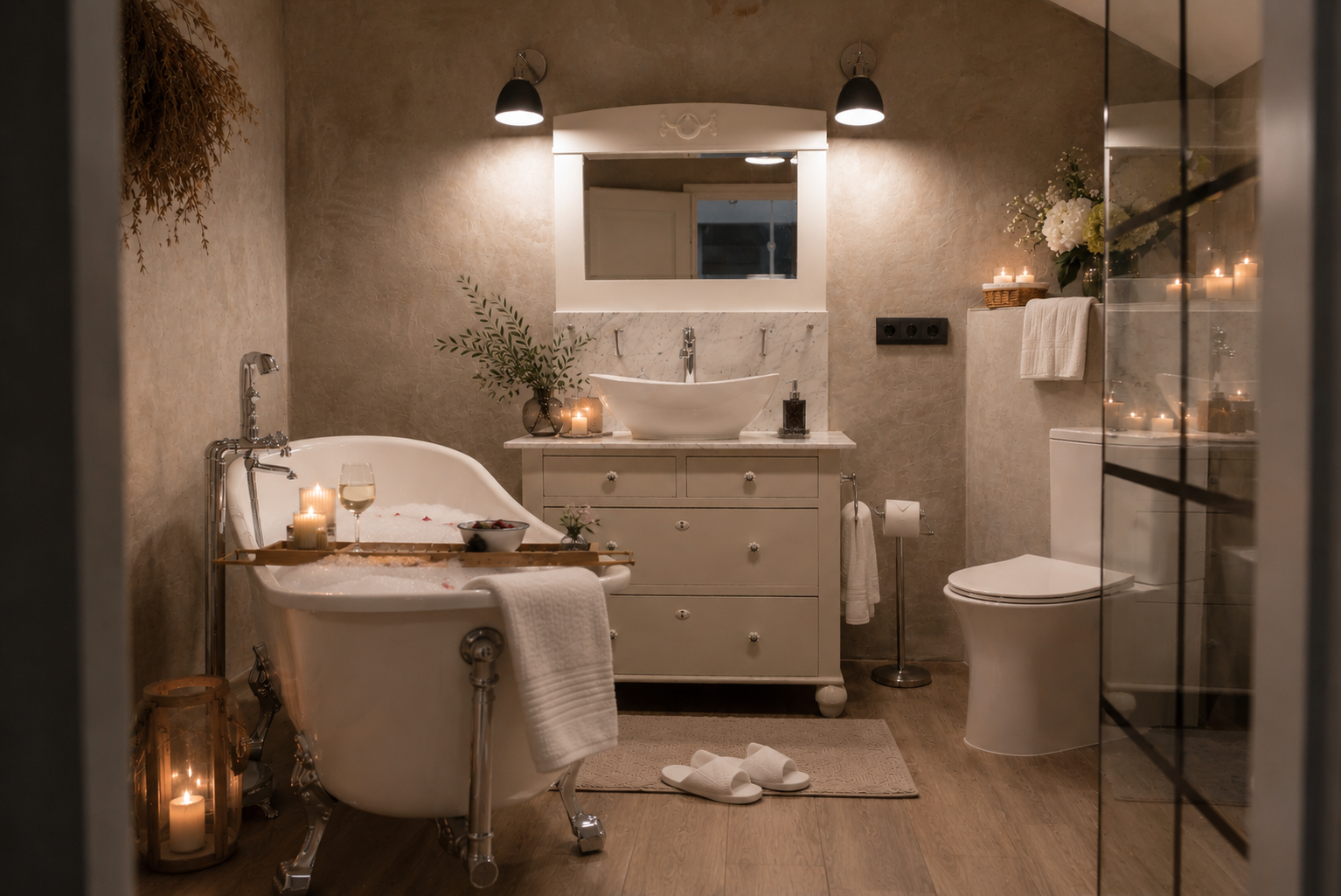Badezimmer mit freistehender Badewanne