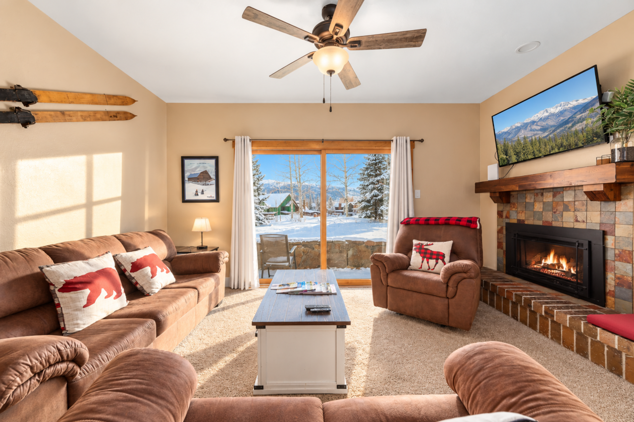 Newly remodeled Steamboat Springs condo with cozy gas fireplace and mountain-inspired decor.