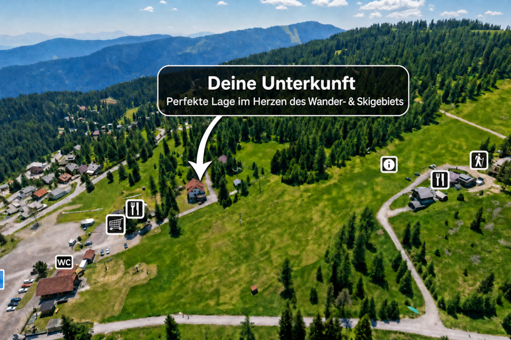 Luftaufnahme der Berglodge im Herzen des Wander- und Skigebiets