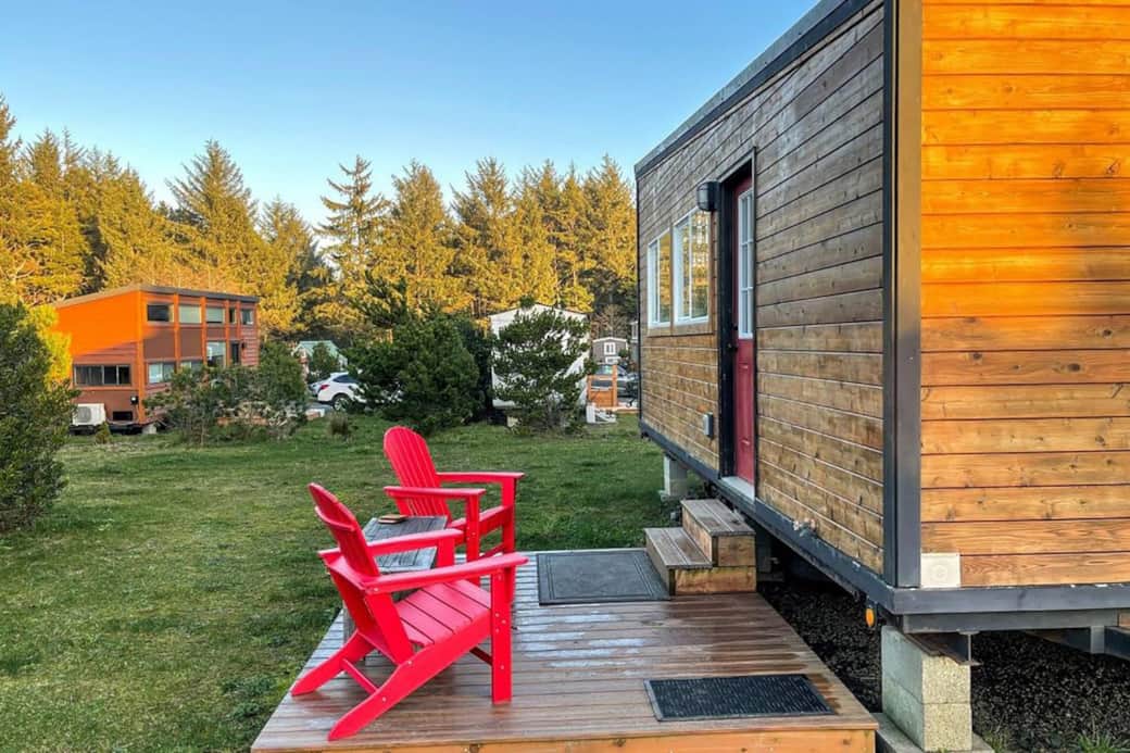 Outside deck and adirondack chairs