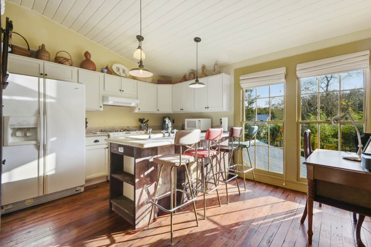 Kitchen with bar seating. 