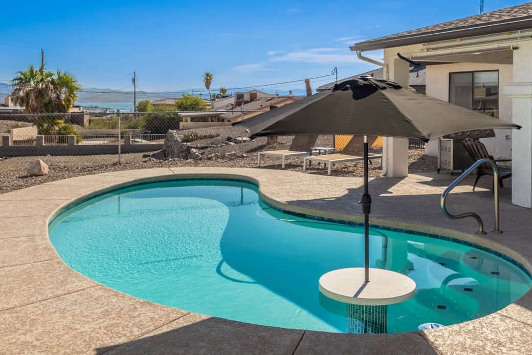 Pool area with lake views