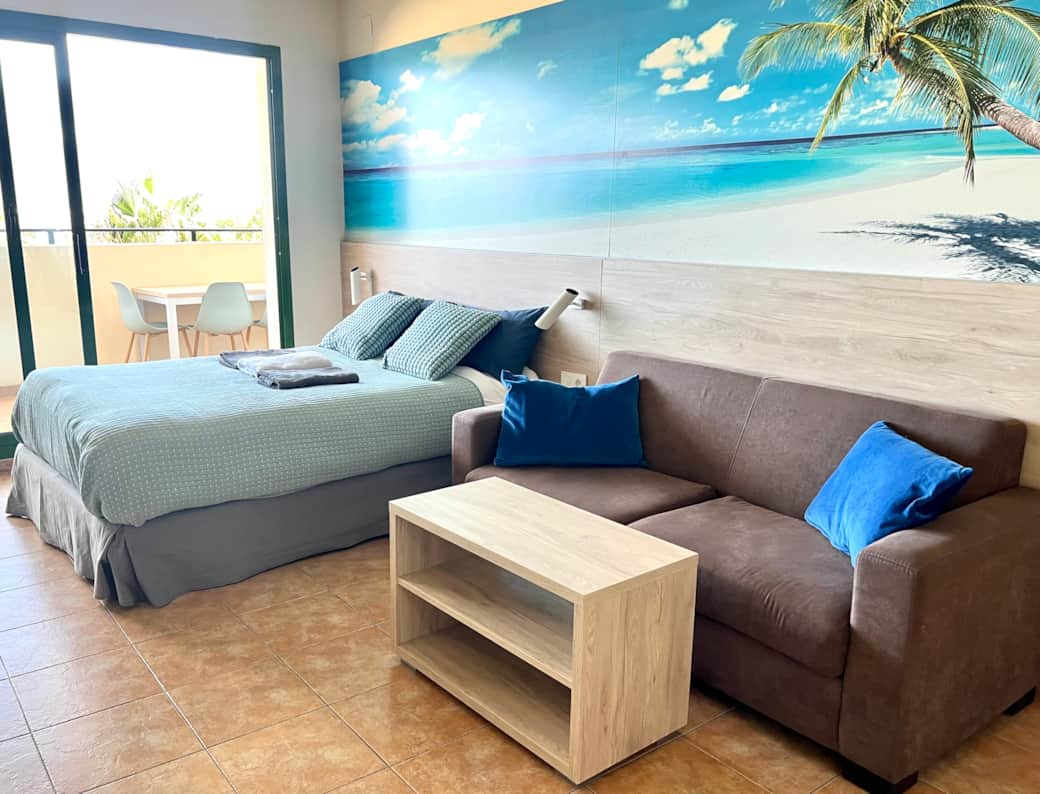 Living room with a double bed and sofa Living room with a double bed and sofa