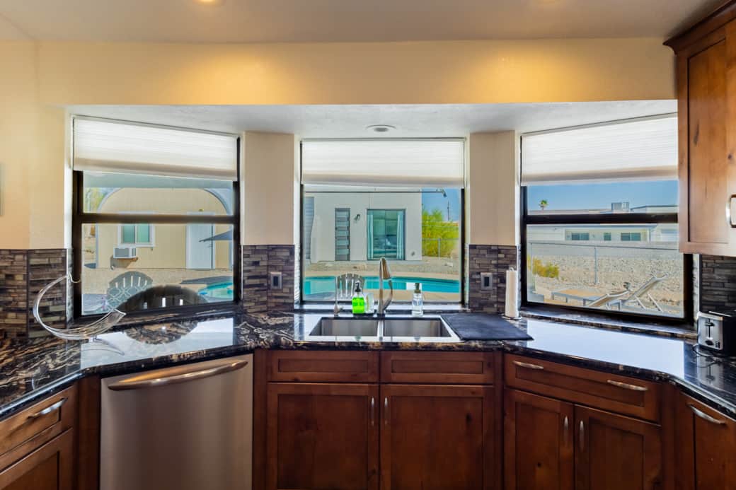 Kitchen with pool view