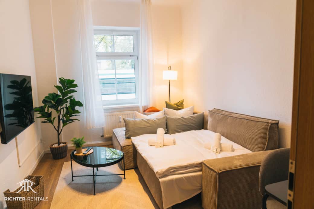 Wohnzimmer mit gemütlicher Schlafcouch 