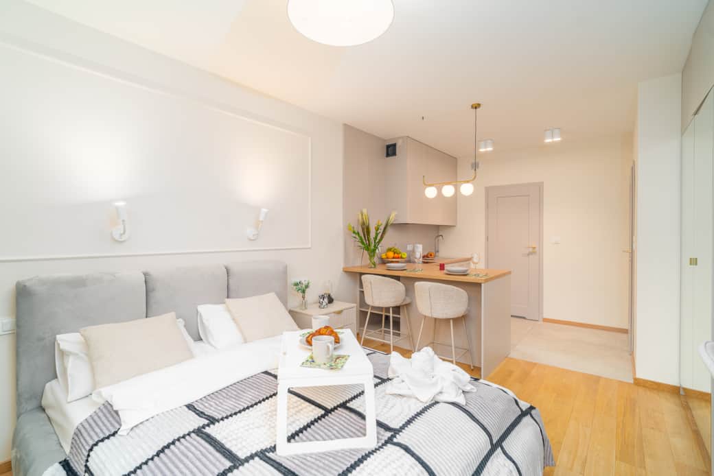 A stylish studio with a sleeping area and a kitchenette.