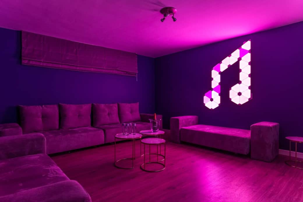 Disco with adjacent bar, 75" Smart TV with Spotify, Youtube... and music synched LED wall light system.