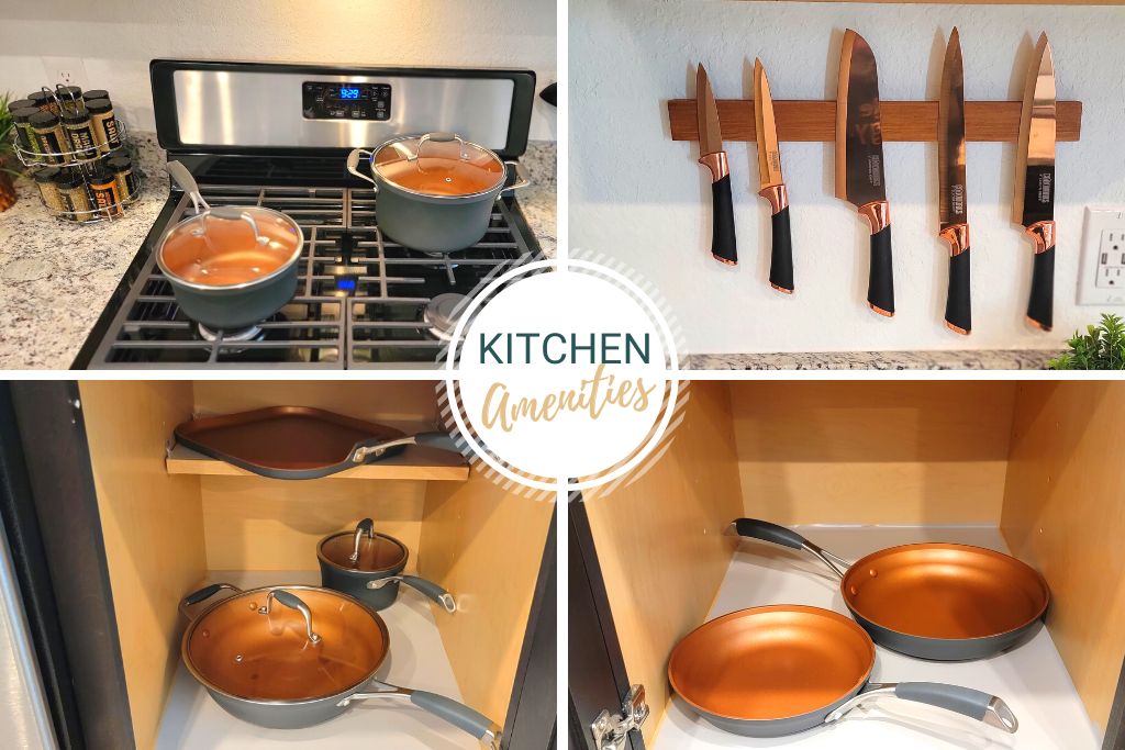 Assortment of non stick pots and pans as well as cooking knives and spices