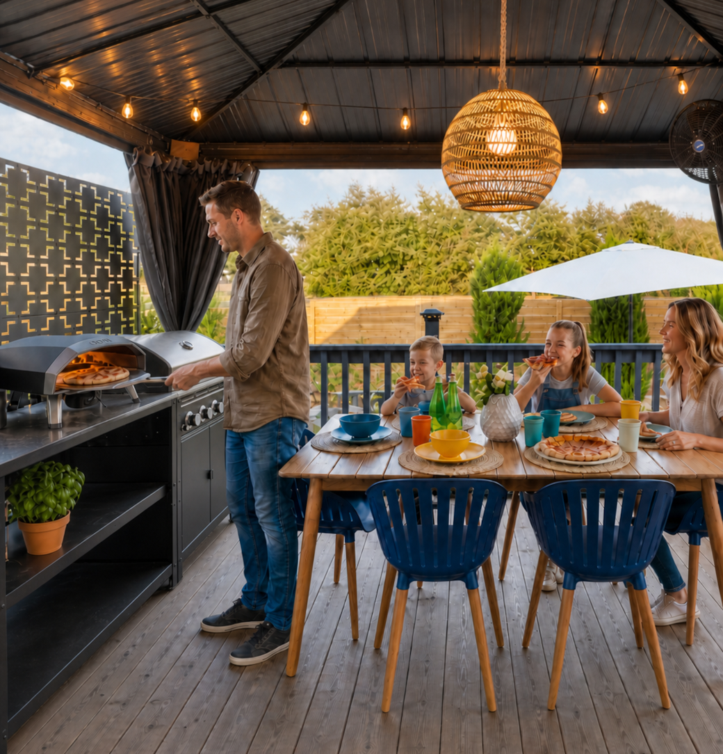 Enjoy pizza night on the BBQ patio with your Ooni pizza oven. Pizza kits are available on-site.