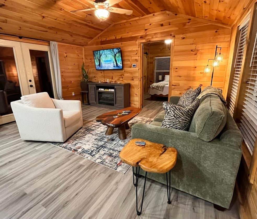 Living room entry view with moveable TV.