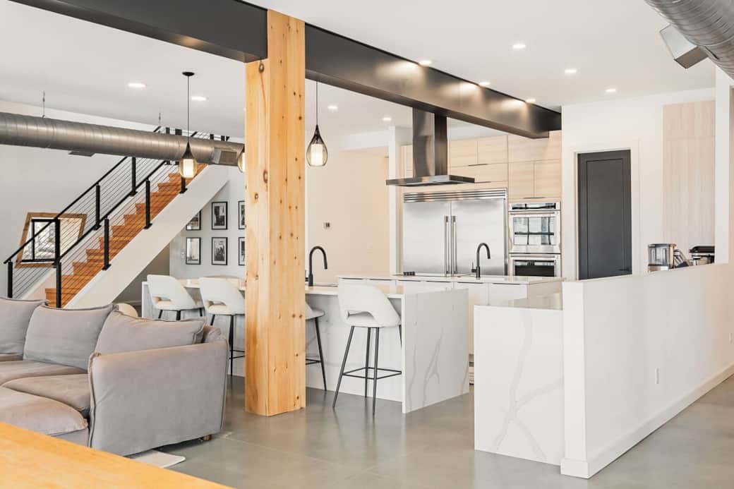 Large open kitchen into the living room area.