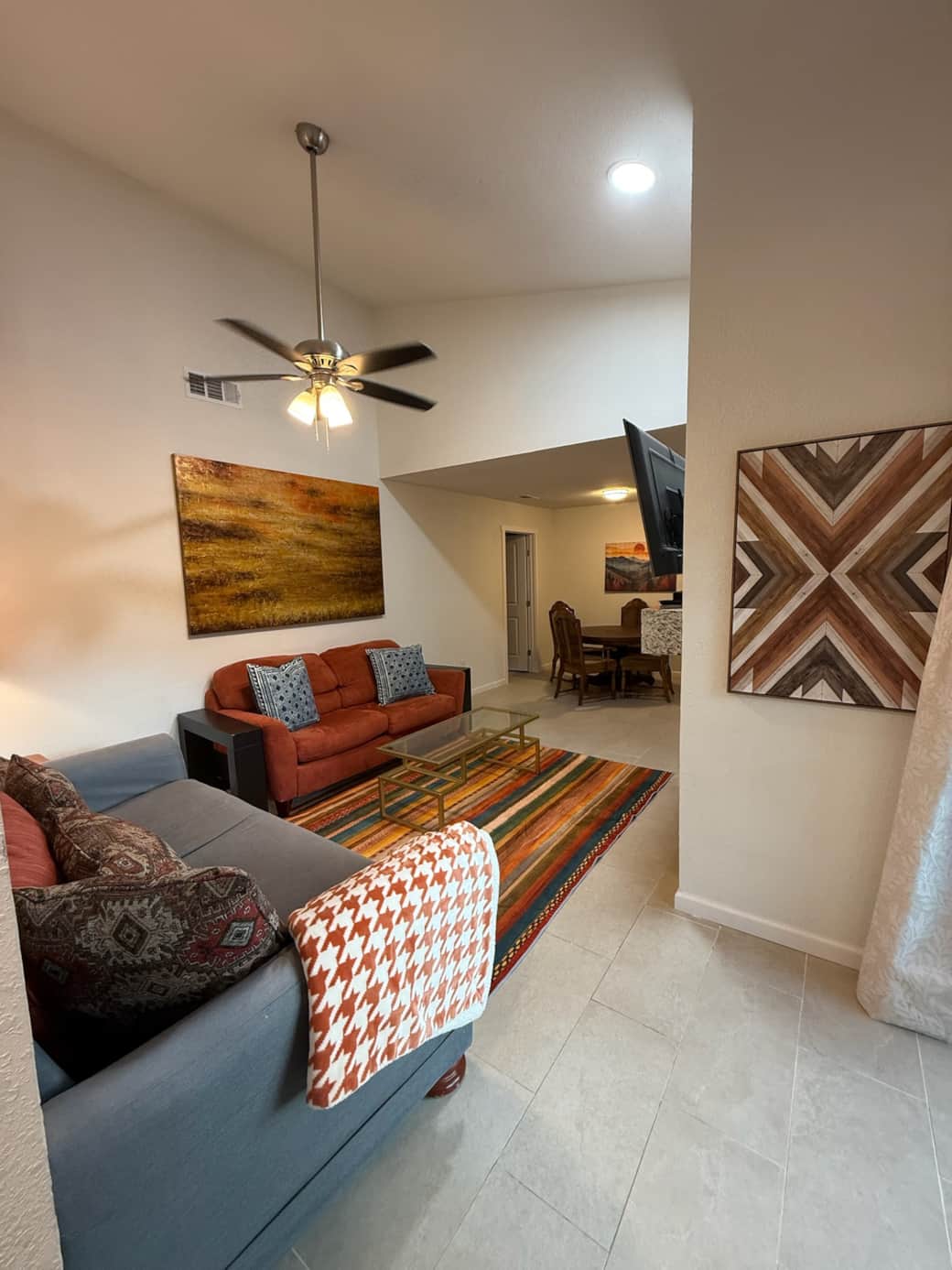 Front entrance view of living and dining