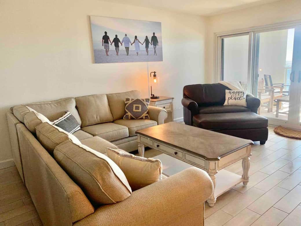 Large sectional/queen sleeper! Casters on bottom of coffee table to easily move out of the way for the bed! 