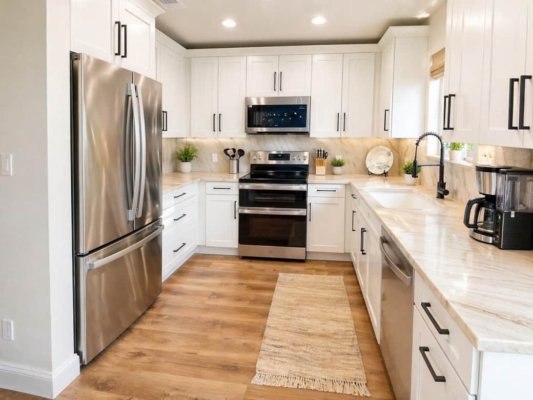 A remodeled, fully stocked kitchen with stainless steel appliances, stunning quartzite countertops and backsplash, farmhouse sink—and a dry bar cocktail corner and a custom stone seating window niche, creating the perfect space to unwind and enjoy!