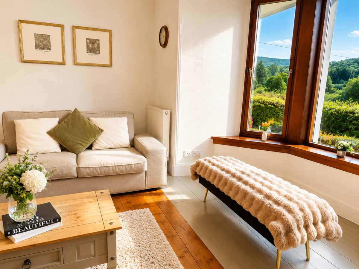 Sofa and bay-window bench in the light-filled living room.
