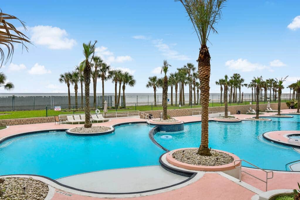 Pool and Gulf view from our large balcony