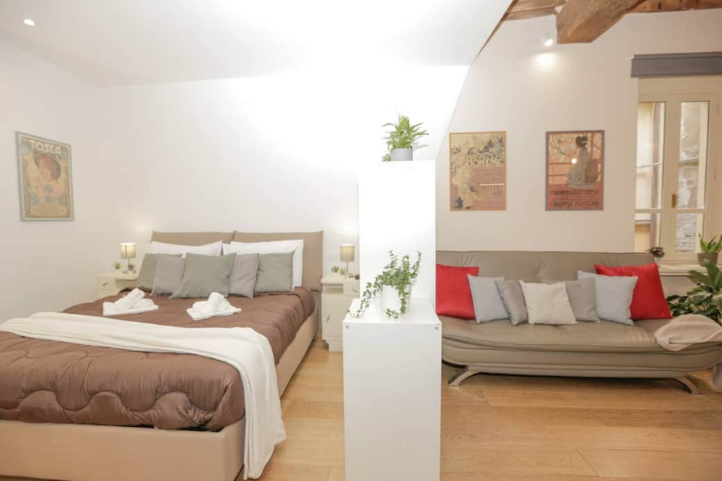 Camera da letto matrimoniale accogliente e luminosa, separata dal salotto da un elegante separè che garantisce privacy e comfort. Letto ampio con materasso comodo, ideale per un riposo rigenerante in un ambiente intimo e ben curato.
