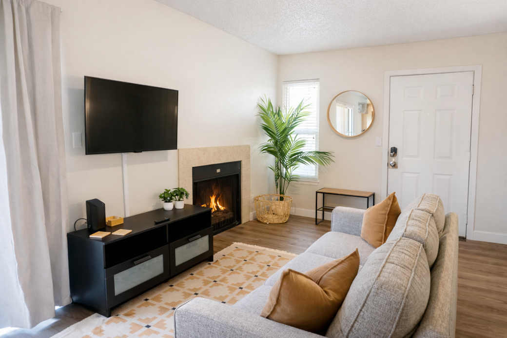 Comfortable living area featuring a Smart TV for effortless streaming and entertainment