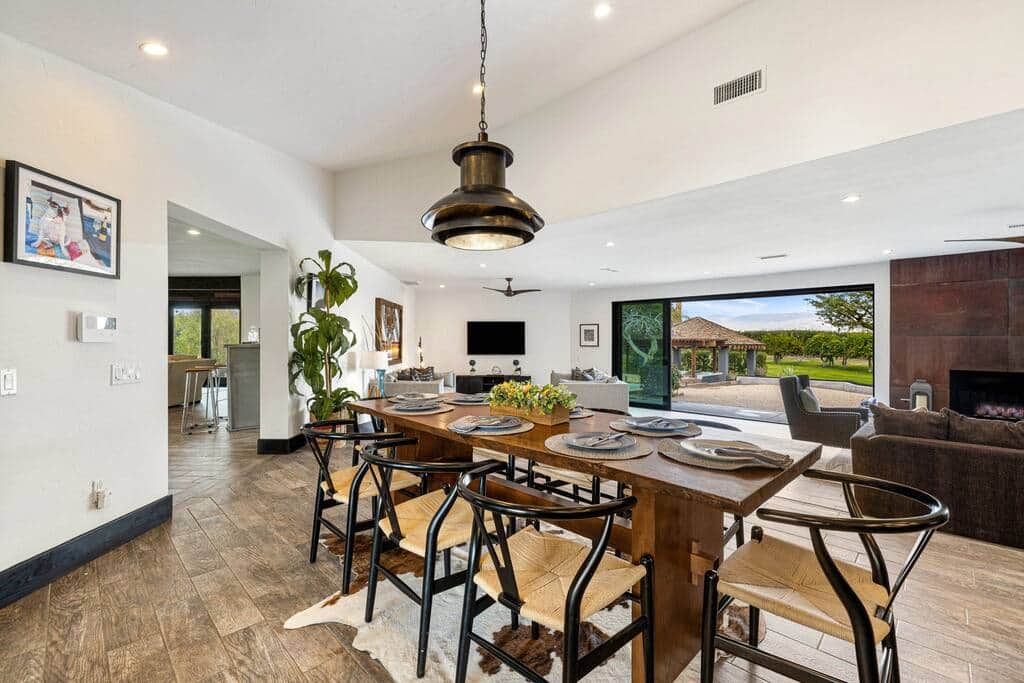 Indoor and outdoor dining spaces for 10