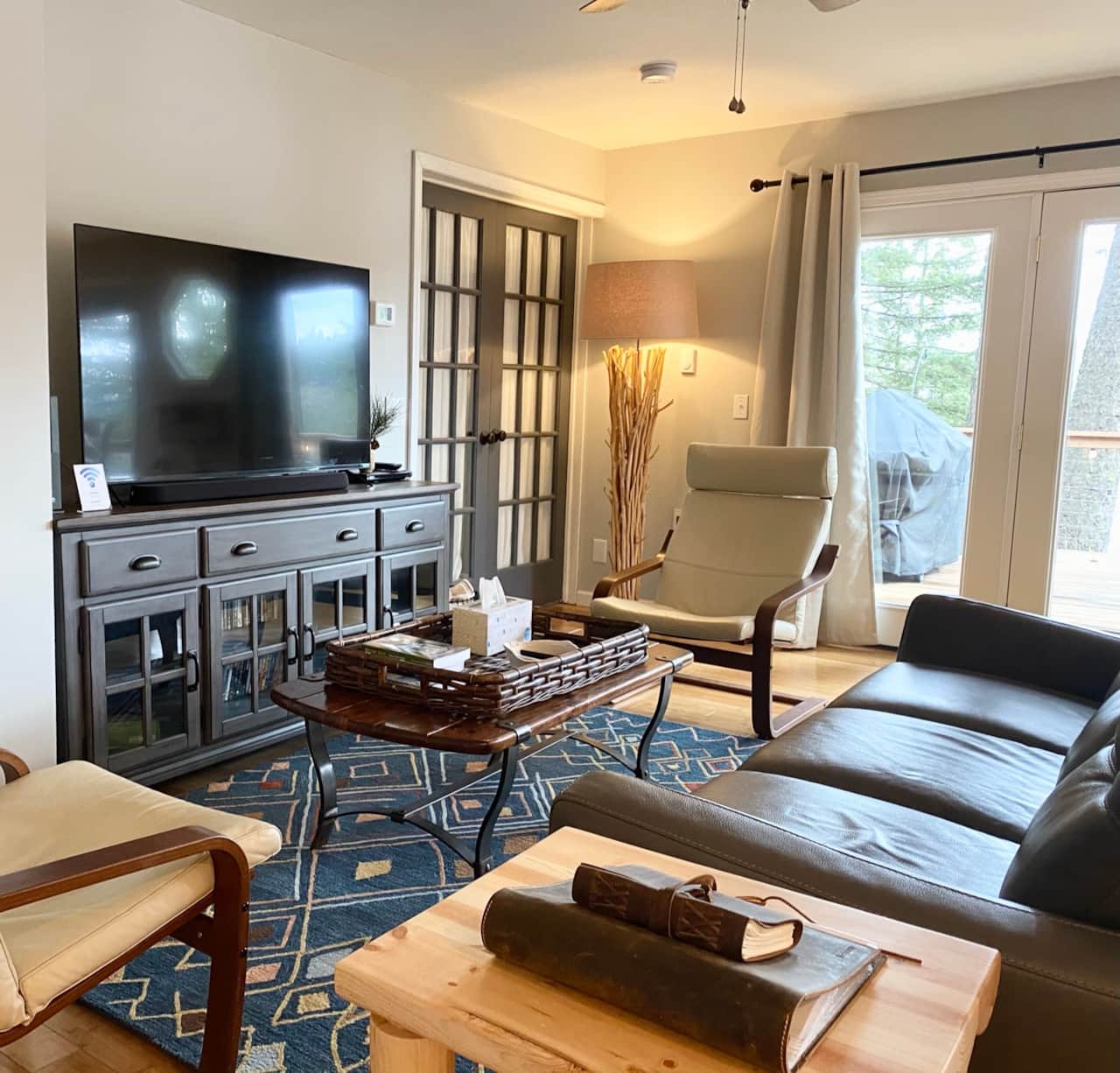 Large screen Smart TV plus an extensive DVD collection to keep you entertained