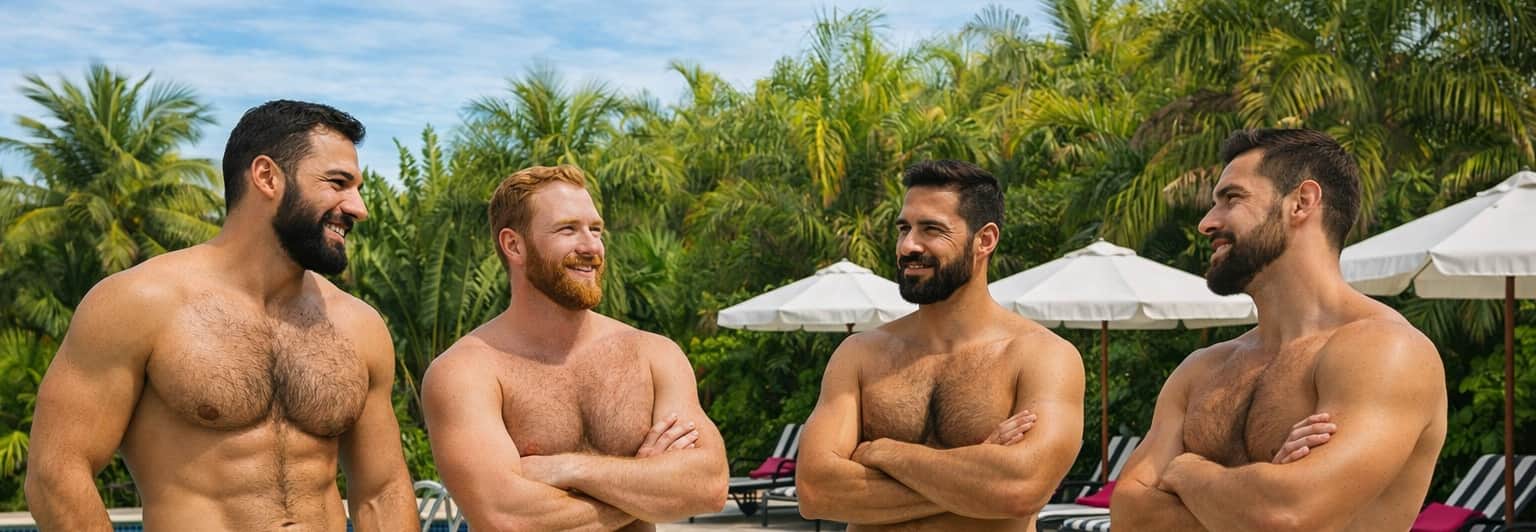 Guys relaxing poolside at Casa Citron after a day of sports in Fort Lauderdale, enjoying a calm, clothing-optional social atmosphere near Wilton Manors.