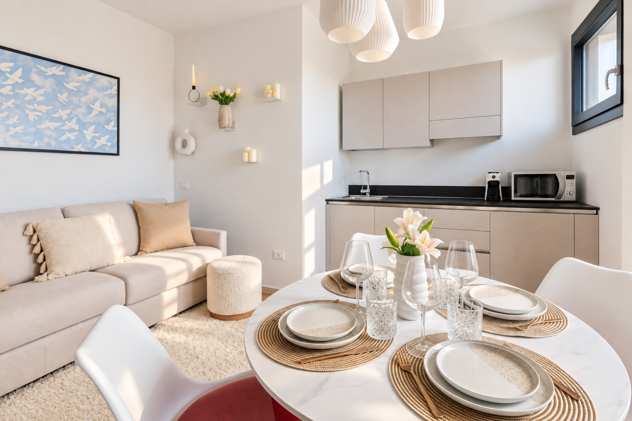 Interno minimalista con tavola elegante