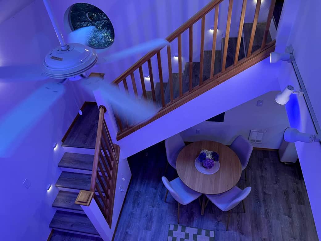 Stairs have non slip stair threads, motion lights, and baby gate installed for your safety.