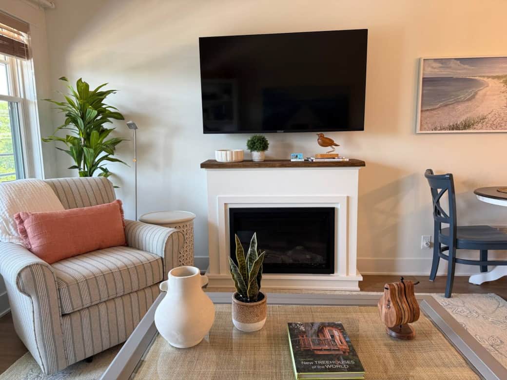 Barn wood mantel with electric fireplace creates a cozy vibe; a 55" Roku TV for easy entertainment.