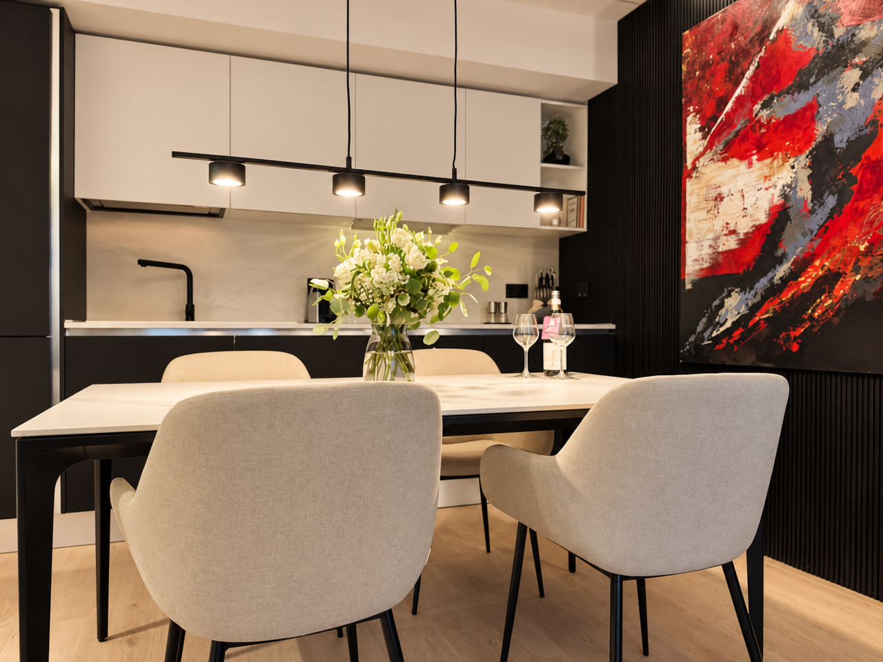 Azulis pisano 8 olbia elegant dining room red abstract artwork rental12
