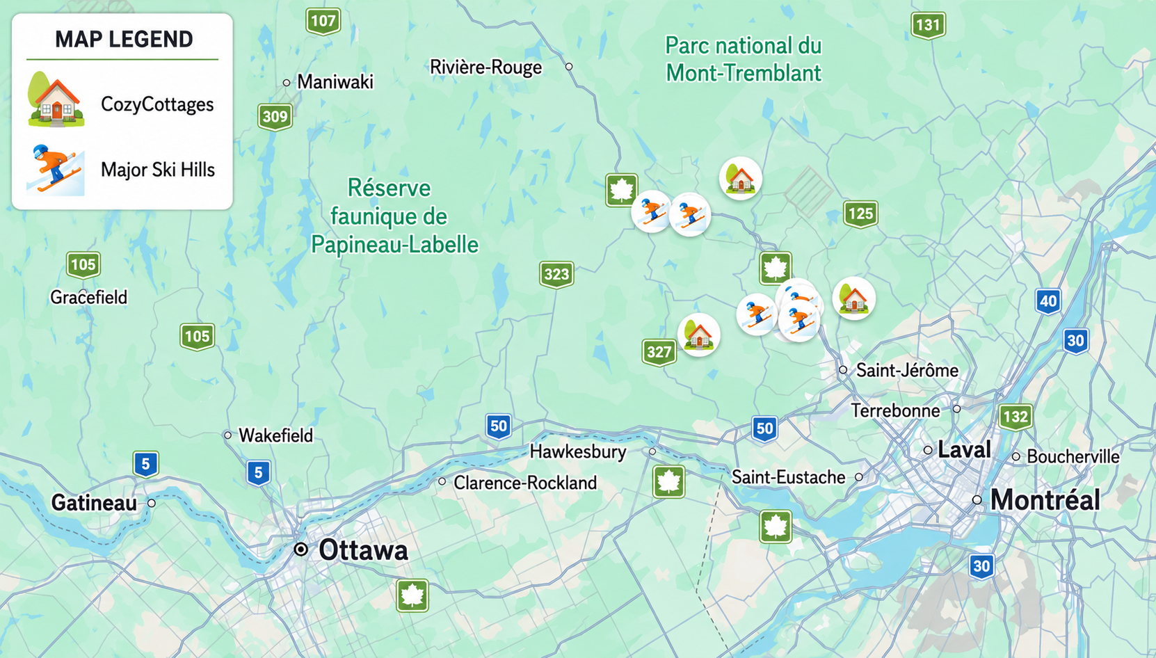 CozyCottages and major ski hills in the Laurentians