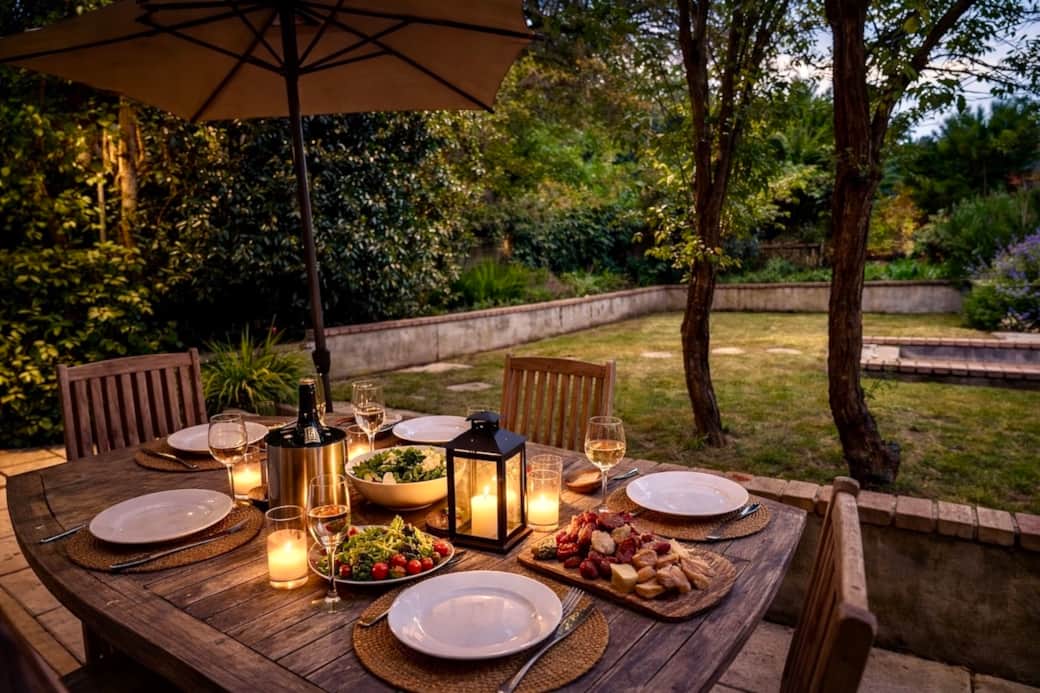 Private garden with outdoor dining area