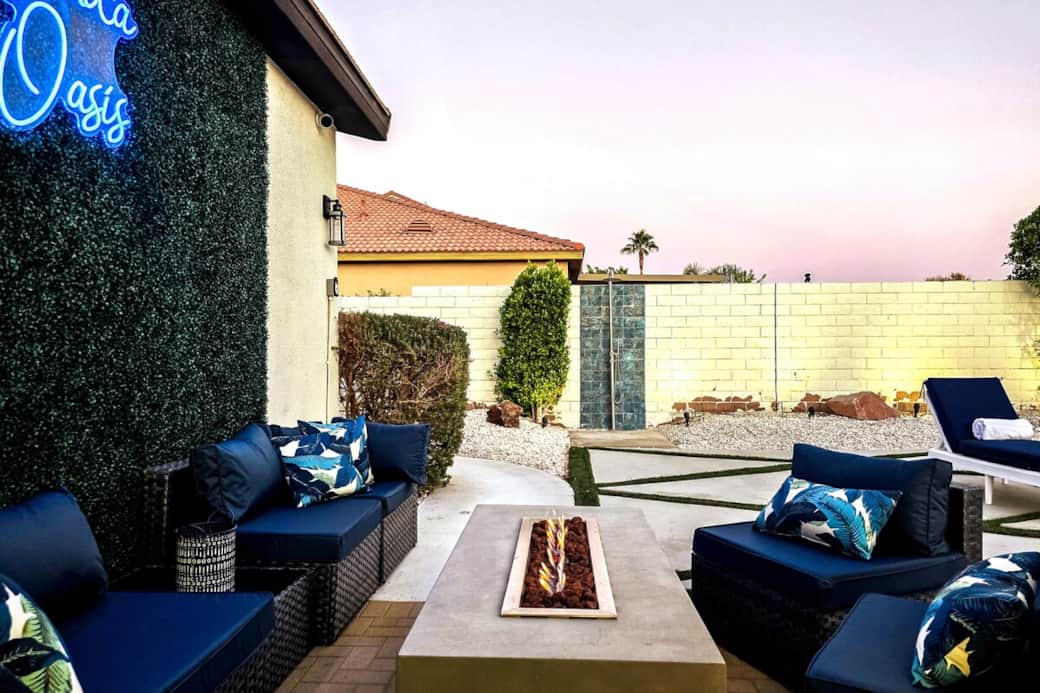 Comfortable outside lounging with cozy natural gas fire pit and outdoor heated shower!